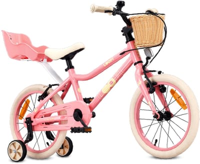Sun Baby Kinderfiets 16 Inch LOOFI, Fiets voor Meisje 4-6 Jaar, licht 6.9 kg aluminium frame, met poppenstoeltje, zijwieltjes, mandje, bel, stickers - Roze