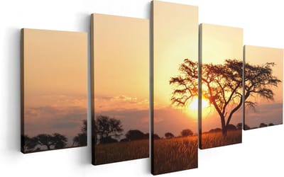 Artaza Canvas Schilderij Vijfluik Zonsondergang Achter Een Acacia Boom - 100x50 cm - Wanddecoratie Woonkamer - Schilderijen - Muurdecoratie