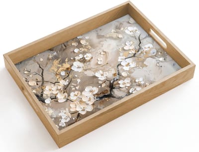 Dienblad hout 40x30 cm - Schootdienblad - Bloemen - Wit - Goud - Beige - Luxe - Borrelplank rechthoek - Plateau dienbladen