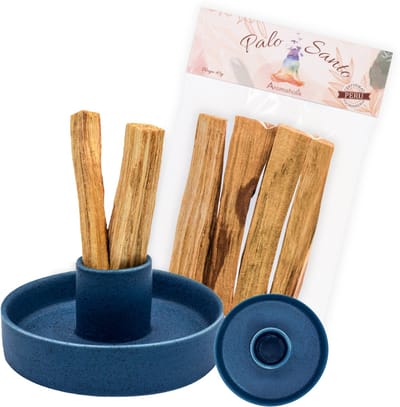 Aromaholik - Palo Santo Giftset - Origineel Heilig Hout uit Peru - Inclusief Blauwe Keramische Houder