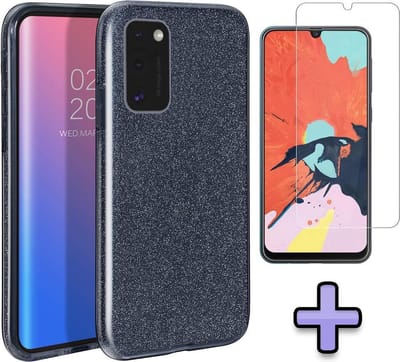 HB Hoesje Geschikt voor Samsung Galaxy A41 - Zwart - Glitter Back Cover + Tempered Glazen Screenprotector