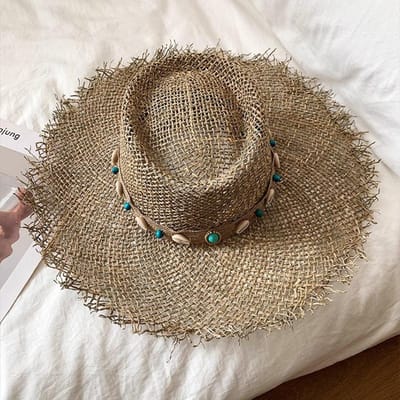 Zout Gras Schelp Etnische Hoed Zomer Strand Vakantie Strohoed Ademend Zonbescherming Holle Strohoed met Grote Rand brown