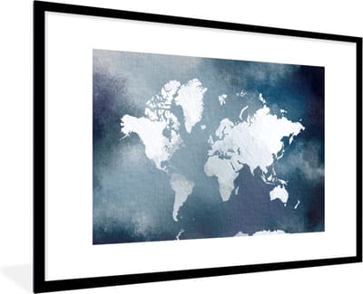 Poster in lijst - Fotolijst 90x60 cm - Posters - Wereldkaart - Aquarel - Blauw - Posterlijst zwart - Decoratie - Wanddecoratie woonkamer - Muurdecoratie slaapkamer