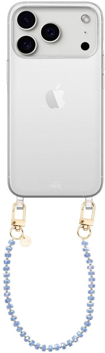 xoxo Wildhearts siliconen hoesje geschikt voor iPhone 17 Pro Max hoesje - Crystal (Blauw) - Telefoonhoesje - Hoesje met koord - Kristal ketting - Kristallen met gouden details - kort telefoonkoord - Transparant hoesje
