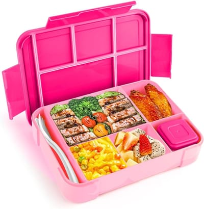 Famanu - Lunchbox, 1200 ml, met 5 vakken, lekvrij, bento-lunchbox met bestek, magnetron- en vaatwasserbestendig (roze)
