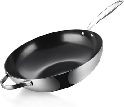 Be Living Essential Series Stainless Steel Wok Pan Diameter 32 cm Ceramic Induction PFAS-free Non-Stick Coating Casserole