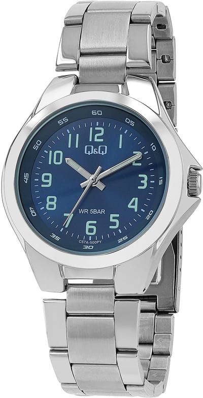 Q&Q-Herenhorloge-model c57a-500py-zilverkleurig-blauwe wijzerplaat-5 atm waterdicht-duidelijke wijzerplaat-schakelband-diameter 38 mm