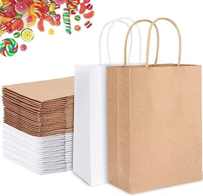 50 x papieren draagtassen Van Kraftpapier Met Gevlochten Oren 22x10x28cm bruin en wit / papieren tassen Kraft Papieren Tasjes Met Handvat/ Cadeautasjes met gedraaid handgrepen / Zakjes/