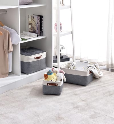 Opvouwbare opbergmand, grote stoffen opbergdoos met handgrepen voor kast, planken, kasten (L, 3 stuks)