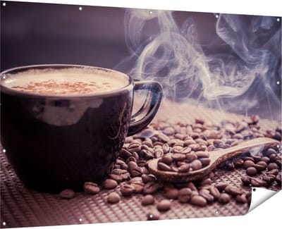 Gards Tuinposter Hete Koffie Kop met Koffiebonen - 180x120 cm - Tuindoek - Tuindecoratie - Wanddecoratie buiten - Tuinschilderij