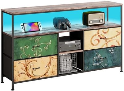 NaevaMi Tv Kast - Dressoir Kasten - Tv Meubel Zwart - Tv Meubel Industrieel - Retro/Vintage - LED Verlichting - 4 Stoffen Lades en 2 Planken - 108x30x78cm