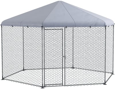 PawHut Freilaufgehege Hühnerstall 400 x 346 x 263 cm aus Stahl, Hühnerkäfig mit Abdeckung, Tür, Hühnergehege für 10-15 Hühner, Kleintiere & Pflanzen Silber
