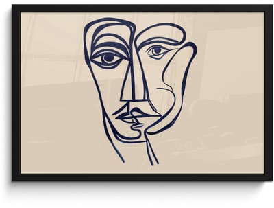 Poster in lijst - Fotolijst 60x40 cm - Posters - Minimalistisch - Lijnillustratie - Beige - Donkerblauw - Posterlijst zwart - Decoratie - Wanddecoratie woonkamer - Muurdecoratie slaapkamer