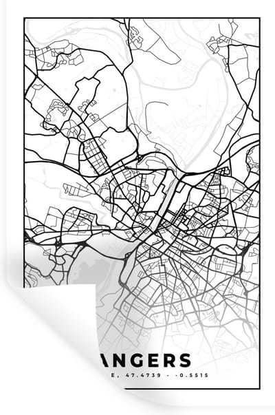 Muurstickers - Sticker Folie - Stadskaart - Angers - Plattegrond - Kaart - Frankrijk - Zwart wit - 20x30 cm - Plakfolie - Muurstickers Kinderkamer - Zelfklevend Behang - Zelfklevend behangpapier - Stickerfolie