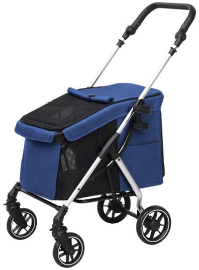 Hondenbuggy - Kattenwagen - Dierenbuggy - Lichtgewicht Aluminium - Opvouwbaar - Met Opbergmand - Gaasvensters - Wandelen - 80x48,5x106cm - Tot 10kg - Donkerblauw