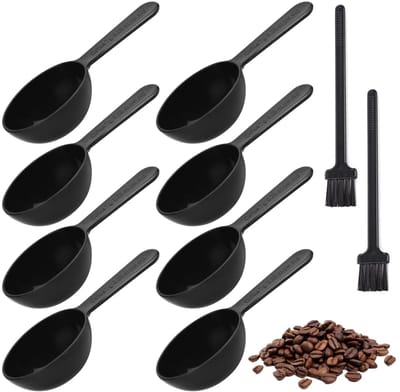 Dailygoods- Maatlepels Set van 8 - Herbruikbaar Keukengerei - Koffie/Thee Maatlepels - Inclusief 2 Reinigingsborstels - Kunststof Zwart - Gemakkelijk Schoon te Maken