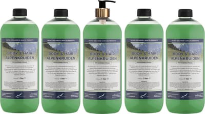Body & Hair Alpenkruiden 1 liter met gouden pomp - set van 5 stuks - 2 in 1 voor lichaam en haar - voordeelverpakking