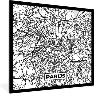 Fotolijst incl. Poster Zwart Wit- Stadskaart - Parijs - Zwart Wit - Plattegrond - Kaart - 40x40 cm - Posterlijst