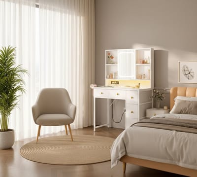 ODK Witte vanity tafel met verstelbare led-spiegel en ingebouwde sokkel, 5 stoffen laden en plank, make-up-bureau-organizer voor slaapkamer