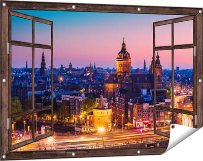 Gards Tuinposter Doorkijk Amsterdam Skyline bij Zonsondergang - 120x80 cm - Tuindoek - Tuindecoratie - Wanddecoratie buiten - Tuinschilderij