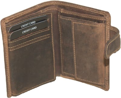 Oi Hunter bruine leren herenportemonnee / kleine hoog model billfold met lip om af te sluiten / herenbeursje voor veel pasjes / RFID SAFE / Hunter bruin leer /562H