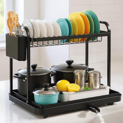 Dailygoods - Afdruiprek voor servies, afdruiprek van roestvrij staal, 2-traps afdruiprek met keukengereihouder, serviesrek voor aanrecht, afdruiprek voor gootsteen, zwart