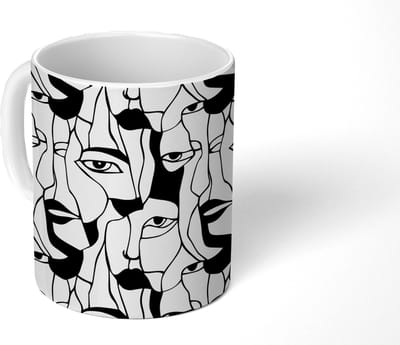 Mok - Koffiemok - Lijnen - Gezichten - Zwart - Wit - Mokken - 350 ML - Beker - Koffiemokken - Theemok