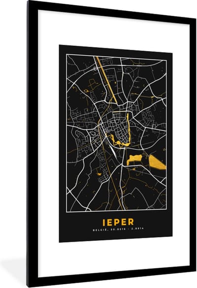 Fotolijst incl. Poster - Ieper - Plattegrond - Kaart - Stadskaart - Goud - 80x120 cm - Posterlijst
