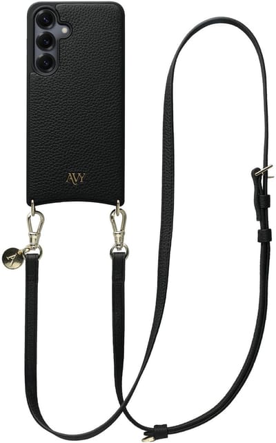 AVY Leren Hoesje Geschikt voor Samsung Galaxy S25 / S24 | Compatibel met MagSafe | Leather Case met Telefoonkoord | Crossbody | Zwart | Long Leather