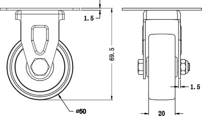 50 mm (2") zwenkwiel met grijze rubberen band, vast, draagvermogen 80 kg, set van 2