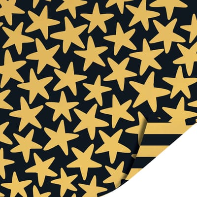 Inpakpapier - Cadeaupapier - Kadopapier - X-mas Stars Black Gold / Stripes Black Gold - 70cm x 2m - Rol inpakpapier - Kerst - Sterren - Feest - Kerstboom - Kerstdagen