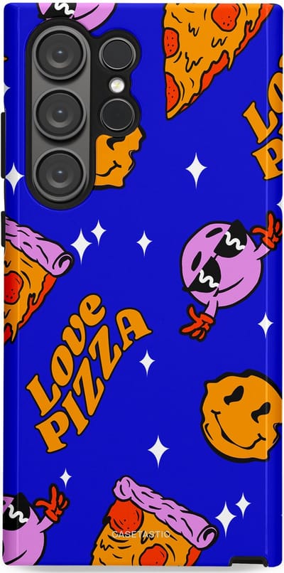 Casetastic hoesje geschikt voor Samsung Galaxy S23 Ultra - Dubbellaagse bescherming - Funky Pizza - Fashion Case - Paars Okergeel Donkerblauw Bruin