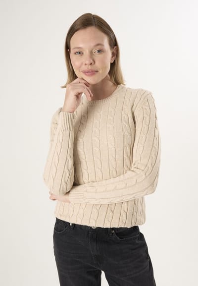Felix Hardy Kabelgebreide Trui Met V-Hals - 100% Katoen Dames Beige - L