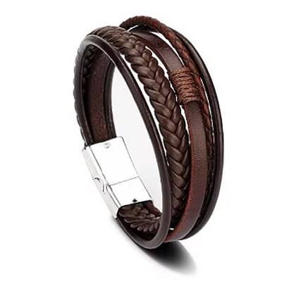 Actie4you® - Leren Armband met 5 Lijnen - RVS - Magnetische Sluiting – 21 cm – Armband – Unisex – Armband voor Heren - Bruin met Zilveren sluiting
