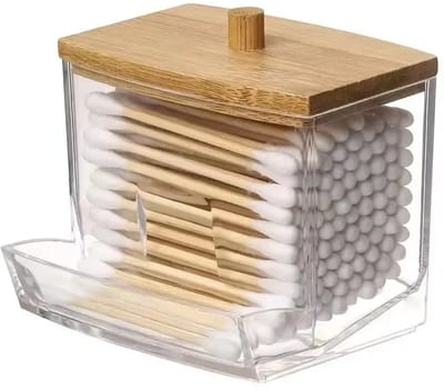 Wattenstaafjes Opbergdoos met 1 Zak Wattenstaafjes – Dubbele Compartimenten, Transparant Vierkant met Bamboe Deksel voor Tandenstokers, Make-up en Badkamer Organizer