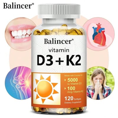 Vitamine D3+K2 - 5000 IE Vitamine D3 & 100 mcg Vitamine K2 - Ondersteunt de gezondheid van immuunsysteem, botten, hart en tanden - 120 softgels