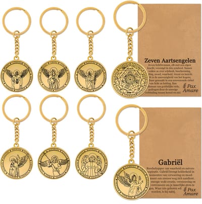 Set van 8 Aartsengel Sleutelhangers Bundel - Goudkleurig - Set van 8 Beschermengel Sleutelhangers - Spiritueel Medaillon - Pax Amare