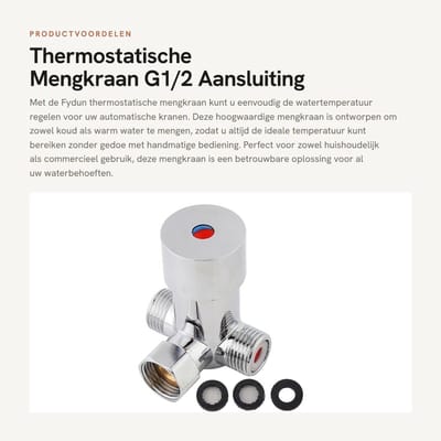 Dailygoods- Thermostatische Mengkraan G1/2 - Mengkraan voor Automatische Kraan - Temperatuurregeling - Koud/Warm Water - Messing - Afmetingen 70 x 55 x 50 mm