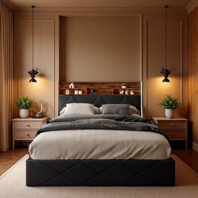 Hydraulisch bed 140×200cm – zwart PU leer, hoofdeinde met opbergruimte, LED & USB poort, bedkast onder het ligvlak – ideaal voor de slaapkamer