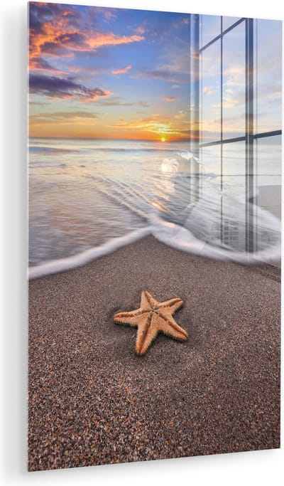 MuchoWow® Glasschilderij 40x60 cm - Schilderij acrylglas - Zeester - Zee - Zon - Foto op glas - Muurdecoratie woonkamer - Wanddecoratie slaapkamer - Schilderijen