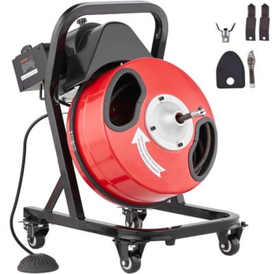 VEVOR Rioolreinigingsmachine 50 FT x 1/2 Inch, handmatige rioolreinigingsmachine met wielen, 4 snijmessen en luchtgeactiveerde voetschakelaar voor 2 tot 4 inch buizen