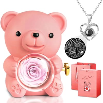 Rozenbeer Cadeau - Bloemenbeer Decoratie - Verjaardag Verrassing - Handgemaakt Design - Standaard Maat - Roze