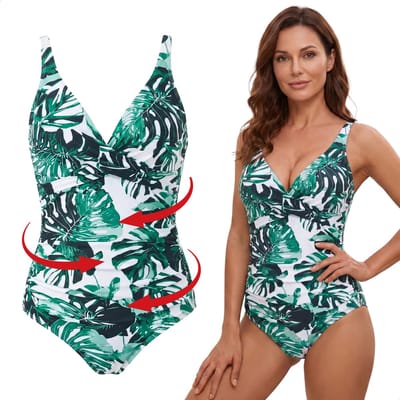RENALUX - Corrigerend Badpak Dames met Verstelbare Bandjes - Shaping Badpak - Corrigerend Badpakken voor Dames - Wit met groene bladprint - M