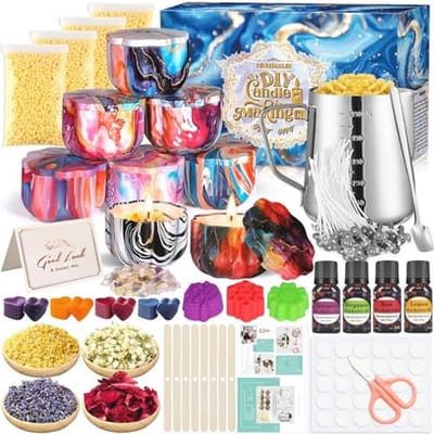 NEMMXUB Kaarsenmaakset, doe-het-zelf kaarsen, cadeauset met 480 g bijenwas, 8 kaarsenblikjes, geurolie, kleurblokken, kaarsengietset, lonthouder, lontstickers, roerlepel