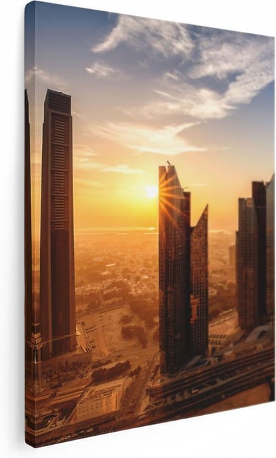 Artaza Canvas Schilderij Zonsondergang Stad - 30x40 cm - Klein - Wanddecoratie Skyline - Muurdecoratie Wolkenkrabbers - Kamer Accessoires