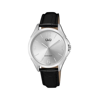 Q&Q C04A-012PY - Horloge - Vrouwen - Dames - Leren band - Rond - Metaal - Cijfers - Streepjes - Zwart - Goudkleurig