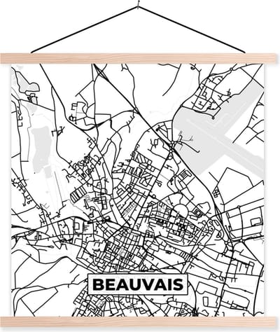 Posterhanger incl. Poster 40x40 cm - Schoolplaat - Kaart - Stadskaart - Beauvais - Frankrijk - Plattegrond - Zwart wit - Textielposter - Blanke latten - Stadskaart