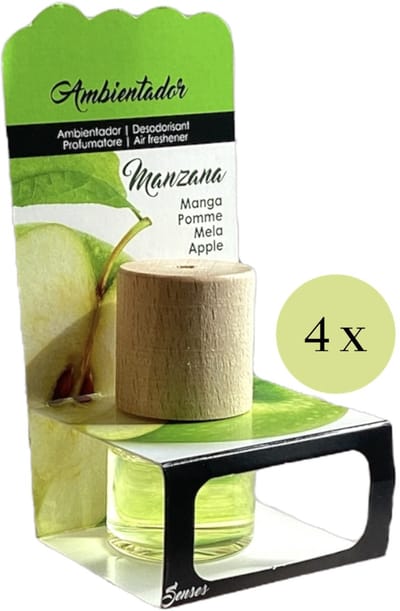 Luchtverfrisser 4x - 'Apple' - Appel - 18 ml - Inclusief verzenden - Verfrisser - Geurverfrisser - Fris - Fruit - Parfum - Huisparfum - Geur - Hout - Houten - Geurflesje - Fles - Flesje - Flesjes - Klein - Kleine - Groen - Toilet - Badkamer - Woning