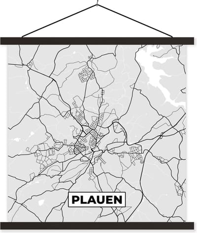 Posterhanger incl. Poster 60x60 cm - Schoolplaat - Kaart - Stadskaart - Duitsland - Plauen - Plattegrond - Textielposter - Zwarte latten - Stadskaart