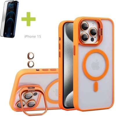 Standaards Hoesje voor iPhone 15, Compatibel met MagSafe Hoes, Acryl + TPU Case met Metaal Camerafolie, Transparant, Oranje - Screenprotector